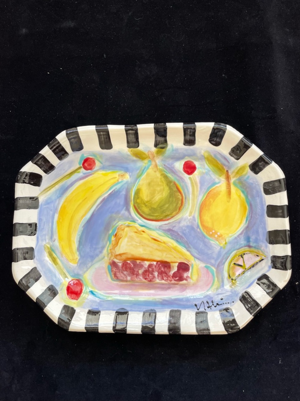 Pie & Fruit Handmade Ceramic 8 Sided Platter 13”x10” Original OOAK